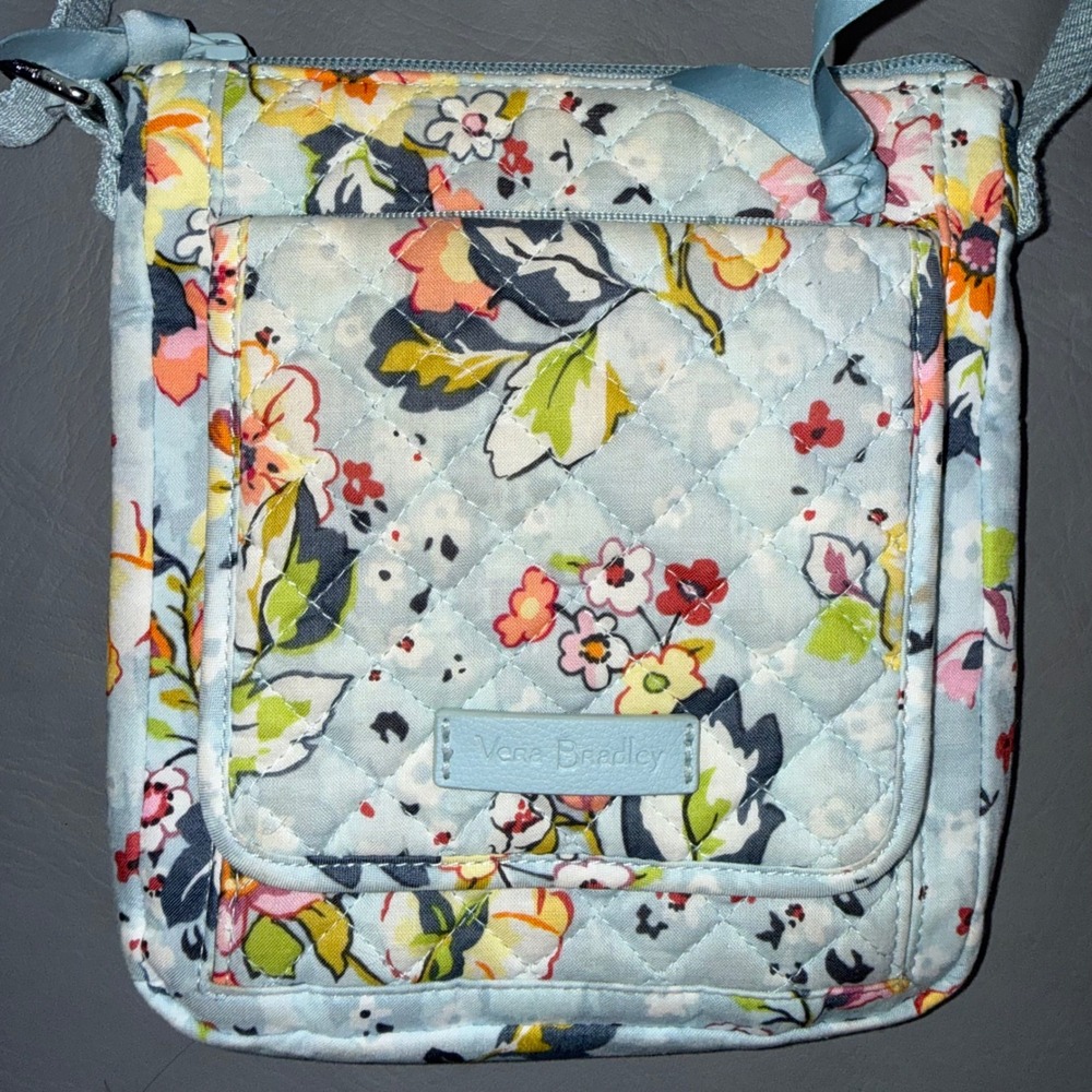 Vera‎ Bradley Blue Floral Quilted Cotton Crossbody Bag Organizer Wallet Purse